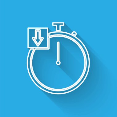Beyaz çizgi Stopwatch simgesi uzun gölgeli izole edildi. Zaman göstergesi. Kronometre. Vektör İllüstrasyonu