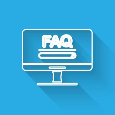 Metin Faq bilgi simgesi ile uzun gölgeli beyaz çizgi bilgisayar monitörü. Sık sık sorulan sorular. Vektör İllüstrasyonu