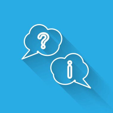 Beyaz çizgi uzun gölge ile izole soru ve ünlem simgesi ile konuşma kabarcıklar. SSS işareti. Kopyalama dosyaları, sohbet konuşma balonu ve grafik. Vektör Illustration