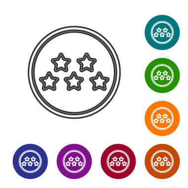 Gri çizgi Beş yıldızlı müşteri ürün değerlendirme simgesi beyaz arka planda izole edildi. Favori, en iyi derecelendirme, ödül sembolü. Simgeleri renk daire düğmelerine ayarla. Vektör İllüstrasyonu