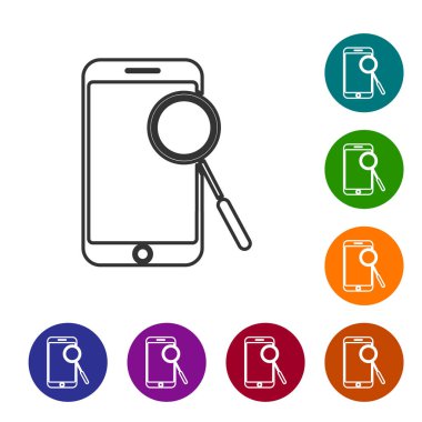Gri çizgi cep telefonu tanılama simgesi beyaz arkaplanda izole edildi. Uygulama, servis, ayar seçenekleri, bakım, onarım, onarım. Simgeleri renk daire düğmelerine ayarla. Vektör İllüstrasyonu