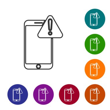Beyaz arka planda ünlem işareti simgesi olan gri çizgi cep telefonu. Uyarı mesajı akıllı telefon uyarısı. Simgeleri renk daire düğmelerine ayarla. Vektör İllüstrasyonu