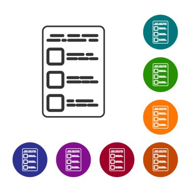Gri çizgi, beyaz arkaplanda izole edilmiş cep telefonu simgesinde hesap ekranı oluştur. Simgeleri renk daire düğmelerine ayarla. Vektör İllüstrasyonu
