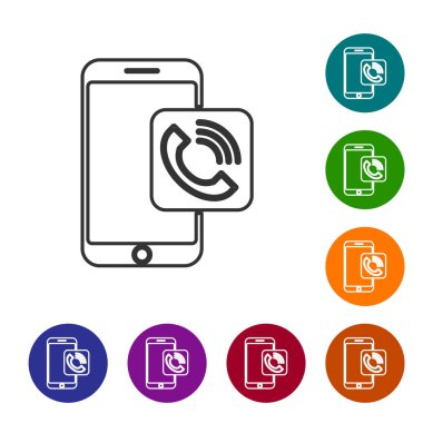 Gri çizgi cep telefonu arama simgesi beyaz arkaplanda izole edildi. Simgeleri renk daire düğmelerine ayarla. Vektör İllüstrasyonu