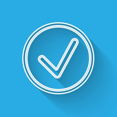 Çember simgesinde uzun gölgeli beyaz çizgi kontrol işareti. Seçim düğmesi işareti. İşaretleme sembolü. Vektör İllüstrasyonu