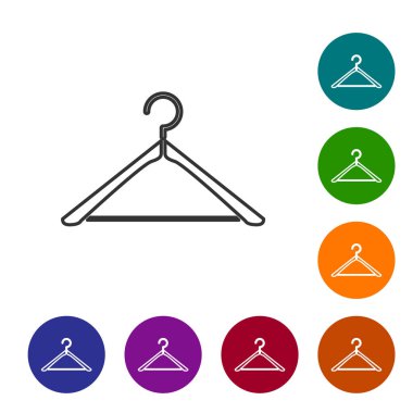 Gri çizgi elbise askısı ikonu beyaz arka planda izole edildi. Vestiyer ikonu. Kıyafet servis sembolü. Çamaşır askı tabelası. Simgeleri renk daire düğmelerine ayarla. Vektör İllüstrasyonu