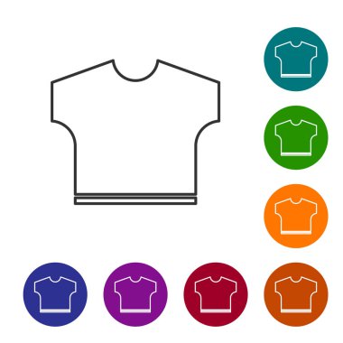 Beyaz arka planda gri çizgi tişört ikonu izole edildi. Simgeleri renk daire düğmelerine ayarla. Vektör İllüstrasyonu