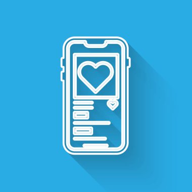 Uzun gölgeli, kalp simgesi olan beyaz çizgi cep telefonu. Sevgililer Günü. Vektör İllüstrasyonu