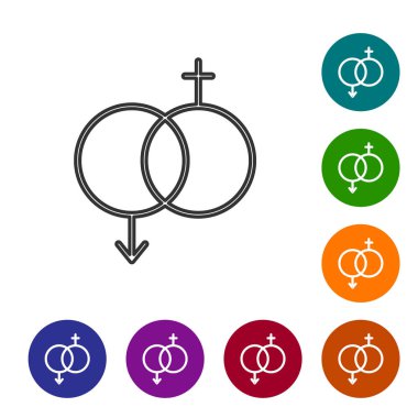 Gri çizgi cinsiyet simgesi beyaz arkaplanda izole edilmiş. Erkek ve kadın sembolleri. Seks sembolü. Sevgililer Günü konsepti. Simgeleri renk daire düğmelerine ayarla. Vektör İllüstrasyonu