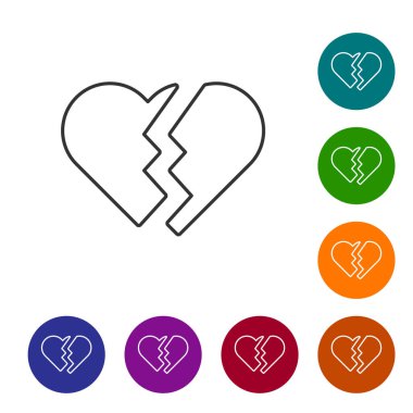 Kırık kalp ya da boşanma simgesi beyaz arka planda izole edilmiş. Aşk sembolü. Sevgililer Günü. Simgeleri renk daire düğmelerine ayarla. Vektör İllüstrasyonu