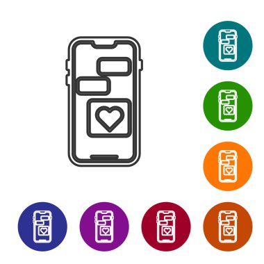 Beyaz arka planda kalp ikonu olan gri hat cep telefonu. Sevgililer Günü. Simgeleri renk daire düğmelerine ayarla. Vektör İllüstrasyonu
