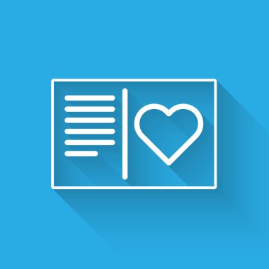 Sevgililer Günü broşüründe uzun gölgeli kalp ikonu olan beyaz çizgi. Kutlama için davetiye ya da tebrik kartı şablonu. Vektör İllüstrasyonu