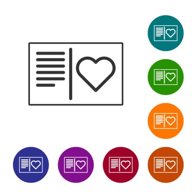 Beyaz arka planda kalp ikonu olan gri çizgi Sevgililer Günü broşürü. Kutlama için davetiye ya da tebrik kartı şablonu. Simgeleri renk daire düğmelerine ayarla. Vektör İllüstrasyonu