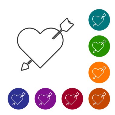 Beyaz arka planda kalp ve ok simgesi olan gri çizgi Amour sembolü. Aşk işareti. Sevgililer Günü sembolü. Simgeleri renk daire düğmelerine ayarla. Vektör İllüstrasyonu