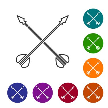 Beyaz arka planda izole edilmiş gri çizgi Ortaçağ çapraz ok simgesi. Ortaçağ silahı. Simgeleri renk daire düğmelerine ayarla. Vektör İllüstrasyonu
