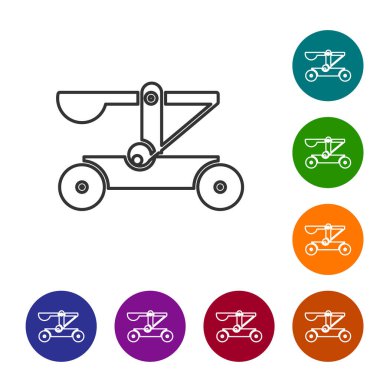 Gri çizgi Eski ortaçağ ahşap mancınık atış taşları simgesi beyaz arka planda izole. Simgeleri renk daire düğmelerine ayarla. Vektör İllüstrasyonu