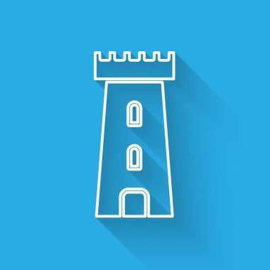 Beyaz çizgi kale ikonu uzun gölgeli izole edilmiş. Kale işareti. Vektör İllüstrasyonu