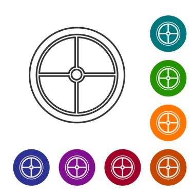 Gri çizgi yuvarlak tahta kalkan ikonu beyaz arka planda izole edildi. Güvenlik, güvenlik, koruma, mahremiyet, koruma kavramı. Simgeleri renk daire düğmelerine ayarla. Vektör İllüstrasyonu