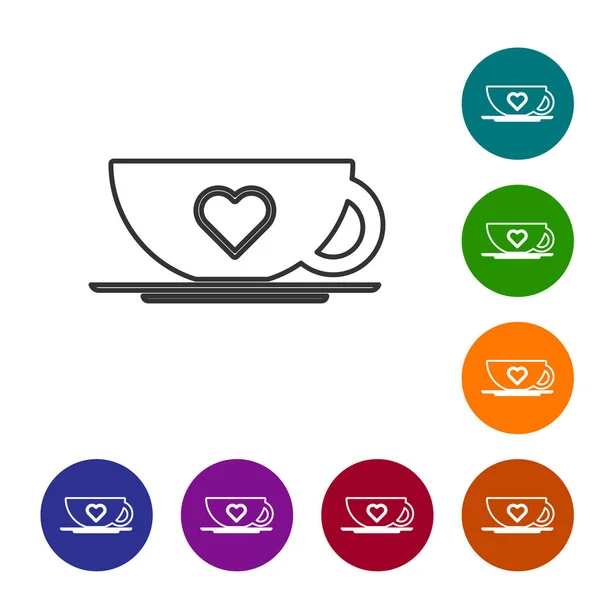 Graue Linie Kaffeetasse und Herz-Symbol isoliert auf weißem Hintergrund. Paarkaffee für Liebhaber am Valentinstag. setzen Sie Symbole in Farbkreis-Buttons. Vektorillustration — Stockvektor