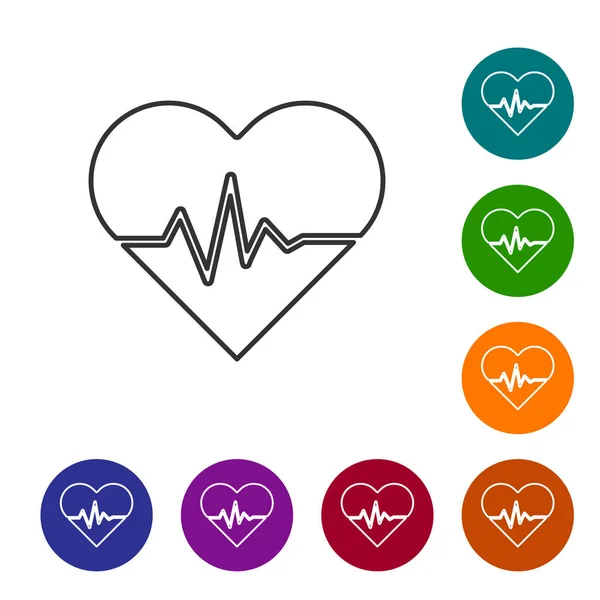 Ligne grise Icône fréquence cardiaque isolée sur fond blanc. Signe de battement de coeur. Icône pouls cardiaque. Icône de cardiogramme. Définir des icônes dans les boutons de cercle de couleur. Illustration vectorielle — Image vectorielle