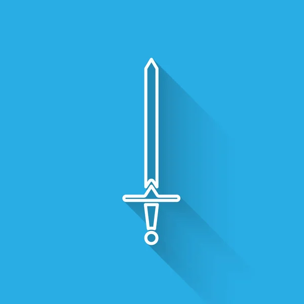 White line Medieval sword icon isolated with long shadow. Medieval weapon. Vector Illustration — 스톡 벡터