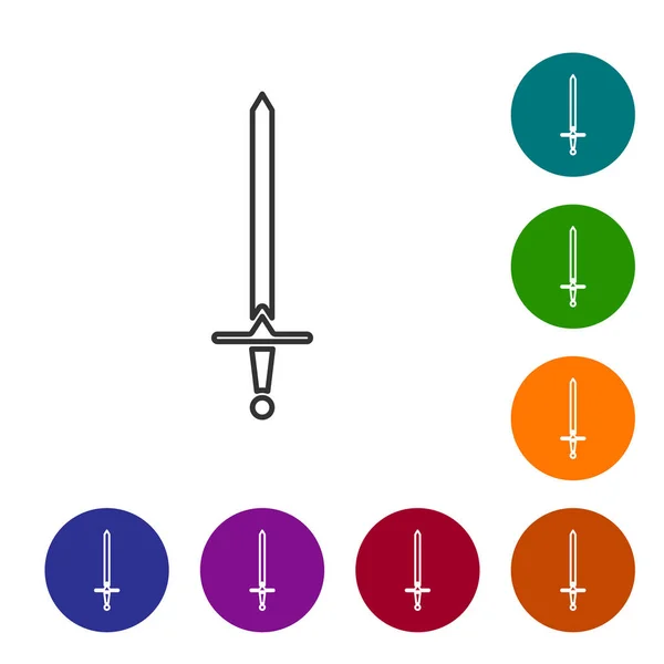 Graue Linie mittelalterliches Schwert-Symbol isoliert auf weißem Hintergrund. Mittelalterliche Waffe. setzen Sie Symbole in Farbkreis-Buttons. Vektorillustration — Stockvektor