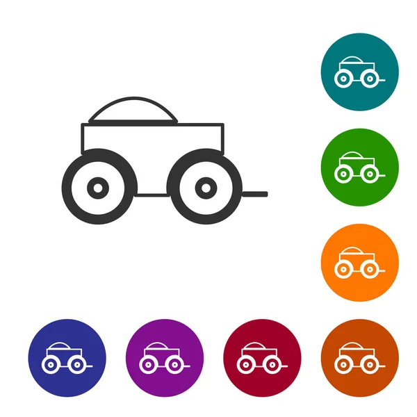 Linha cinza Carrinho de quatro rodas de madeira com ícone de feno isolado no fundo branco. Definir ícones em botões de círculo de cores. Ilustração vetorial — Vetor de Stock