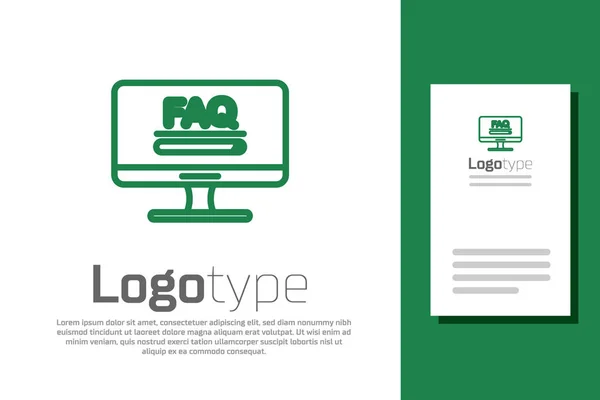 Línea verde Monitor de ordenador con texto FAQ icono de información aislado sobre fondo blanco. Preguntas frecuentes. Elemento de plantilla de diseño de logotipo. Ilustración vectorial — Vector de stock