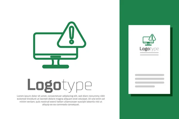 Línea verde Monitor de ordenador con icono de signo de exclamación aislado sobre fondo blanco. Mensaje de alerta notificación del teléfono inteligente. Elemento de plantilla de diseño de logotipo. Ilustración vectorial — Archivo Imágenes Vectoriales