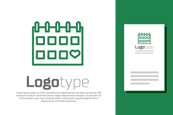 Linha verde Calendário com ícone de coração isolado no fundo branco. Dia dos Namorados. Símbolo de amor. 14 de Fevereiro. Elemento de modelo de design de logotipo. Ilustração vetorial — Vetor de Stock