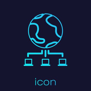 Turkuaz hat Bilgisayar ağı simgesi mavi arkaplanda izole edildi. Çevrimiçi oyun. Laptop ağı. İnternet bağlantısı. Vektör İllüstrasyonu