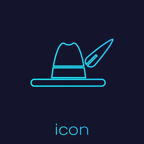 Turquoise line Oktoberfest hat icon isolated on blue background. Hunter hat with feather. German hat. Vector Illustration — 스톡 벡터