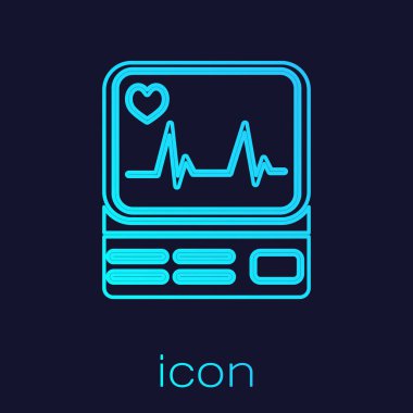 Mavi arkaplanda kardiyogram simgesi olan turkuaz hat bilgisayar monitörü. Simge denetleniyor. Kalp atışı elle çizilmiş EKG monitörü. Vektör İllüstrasyonu