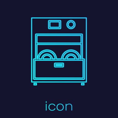 Turkuaz hat mutfak bulaşık makinesi ikonu mavi arka planda izole edildi. Vektör İllüstrasyonu