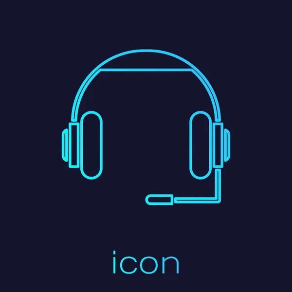 Icono de auriculares de línea turquesa aislado sobre fondo azul. Auriculares. Concepto para escuchar música, servicio, comunicación y operador. Ilustración vectorial — Vector de stock