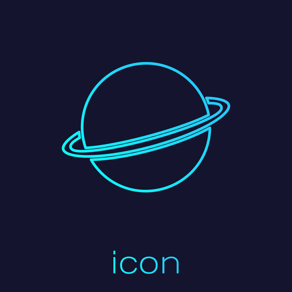 Turquoise line Planet Saturn with planetary ring system icon isolated on blue background. Vector Illustration