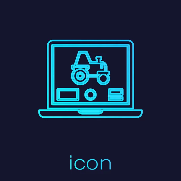 Tyrkysová linka Laptop aplikace pro ovládání autonomního traktoru na chytré farmě ikony izolované na modrém pozadí. Inteligentní zemědělství. Vektorová ilustrace — Stockový vektor