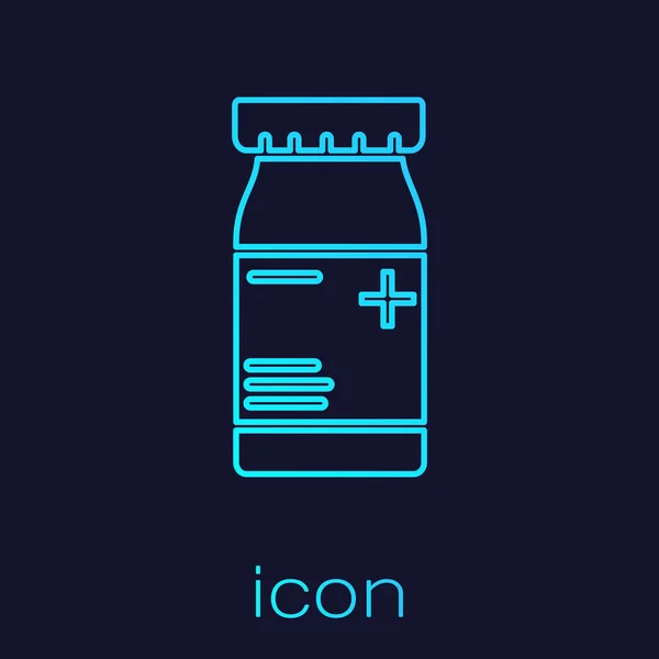 Бирюзовая линия Медицинская бутылка и таблетки иконка изолированы на синем фоне. Вывеска с таблетками. Аптечный дизайн. Векторная миграция — стоковый вектор