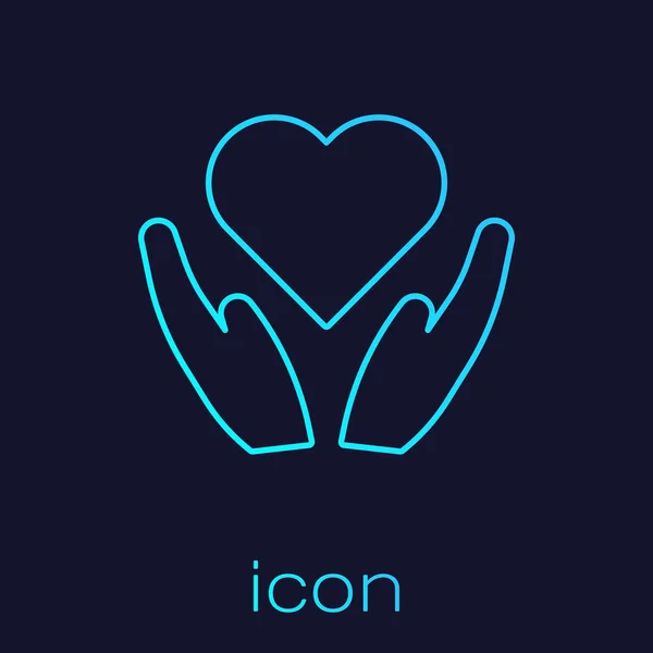 Τυρκουάζ γραμμή Καρδιά στο χέρι εικονίδιο απομονώνονται σε μπλε φόντο. Το χέρι που δίνει το σύμβολο αγάπης. Σύμβολο του Αγίου Βαλεντίνου. Εικονογράφηση διανύσματος — Διανυσματικό Αρχείο
