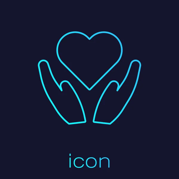 Turquoise line Heart on hand icon isolated on blue background. Hand giving love symbol. Valentines day symbol. Vector Illustration — Stock Vector