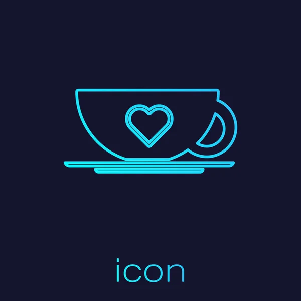 Linha turquesa Xícara de café e ícone do coração isolado no fundo azul. Café par para os amantes no Dia dos Namorados. Ilustração vetorial — Vetor de Stock