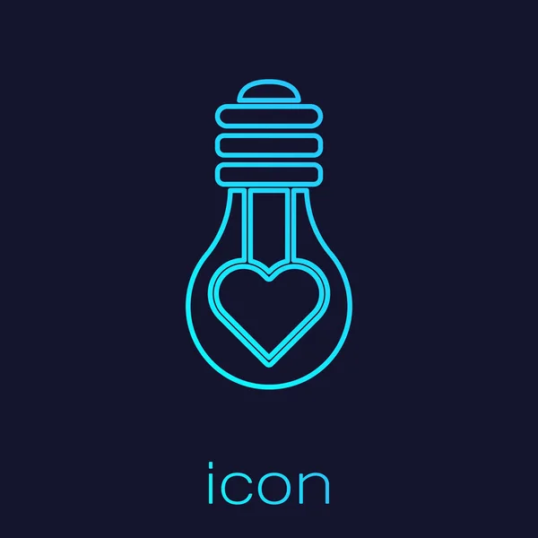 Línea turquesa Forma de corazón en un icono de bombilla aislada sobre fondo azul. Símbolo de amor. Símbolo de San Valentín. Ilustración vectorial — Vector de stock