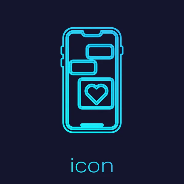 Linha turquesa Telefone celular com ícone de coração isolado no fundo azul. Dia dos Namorados. Ilustração vetorial — Vetor de Stock