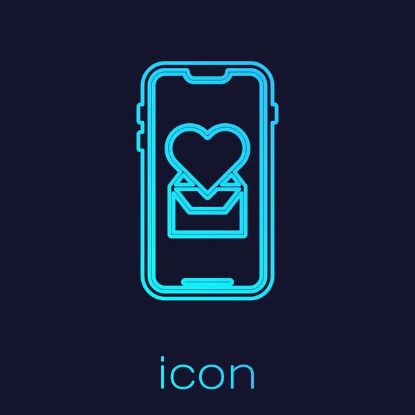 Turquoise line Mobile phone with heart icon isolated on blue background. Valentines day. Vector Illustration — 스톡 벡터