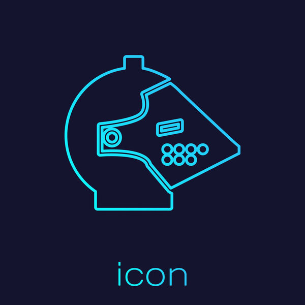Turquoise line Medieval iron helmet for head protection icon isolated on blue background. Vector Illustration
