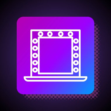 Siyah zemin üzerinde ışık simgesi olan beyaz çizgi makyaj aynası. Kare renk düğmesi. Vektör İllüstrasyonu