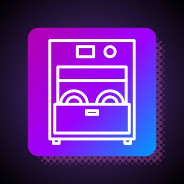 Beyaz çizgi Mutfak Bulaşık Makinesi simgesi siyah arka planda izole edilmiş. Kare renk düğmesi. Vektör İllüstrasyonu