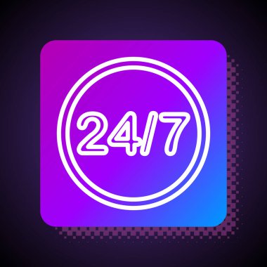 Siyah arkaplanda 24 saat izole edilmiş beyaz çizgi saat simgesi. Tüm gün döngü simgesi. 24 saat hizmet sembolü. Kare renk düğmesi. Vektör İllüstrasyonu