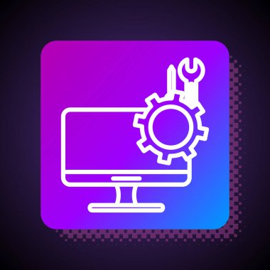 Siyah arkaplanda beyaz çizgi bilgisayar monitörü ve anahtar simgesi var. Ayarlama, servis, ayar, bakım, onarım. Kare renk düğmesi. Vektör İllüstrasyonu