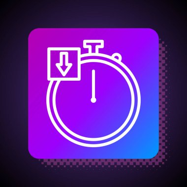 Siyah arkaplanda beyaz çizgi Stopwatch simgesi izole edildi. Zaman göstergesi. Kronometre. Kare renk düğmesi. Vektör İllüstrasyonu